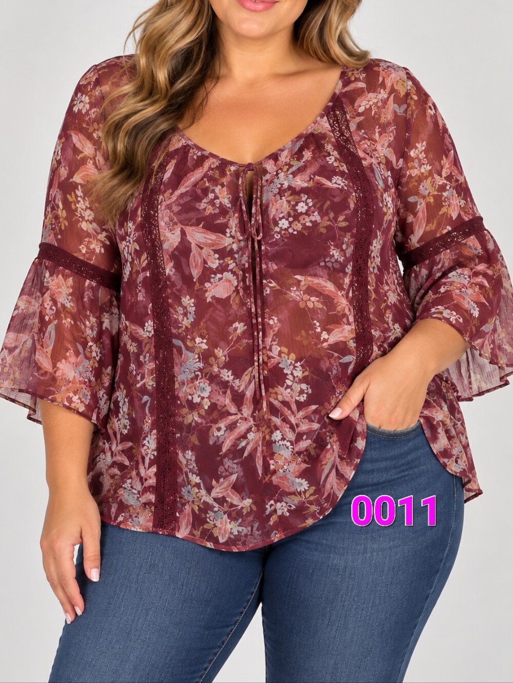 LC Lauren Conrad Floral Boho Sheer Floral Top - Burgundy